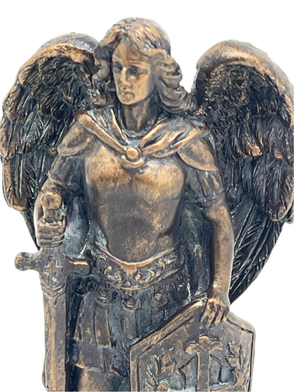 4" St. Michael statue in bronze patina depicting the archangel with sword and shield, symbol of protection and strength