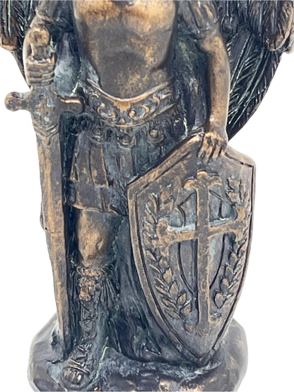 St. Michael bronze patina statue 4" tall holding sword and shield with cross and laurel detailing, symbol of protection and strength