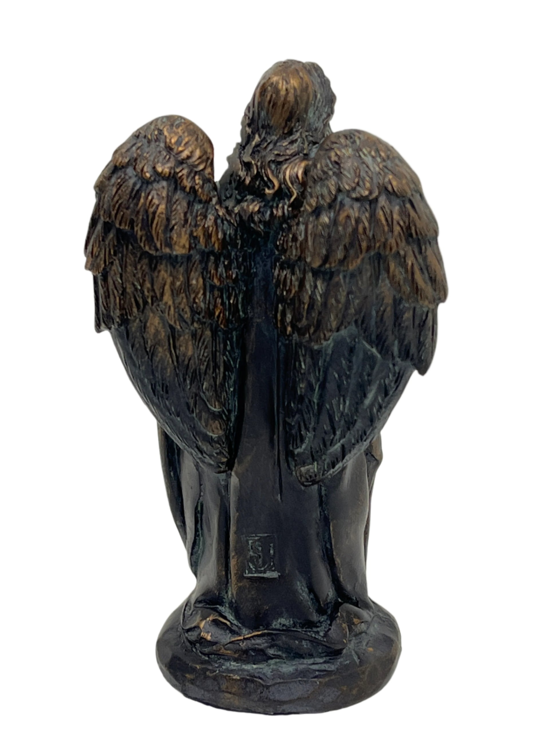 Rear view of 4-inch St. Michael statue in bronze patina showing detailed angel wings and flowing hair design