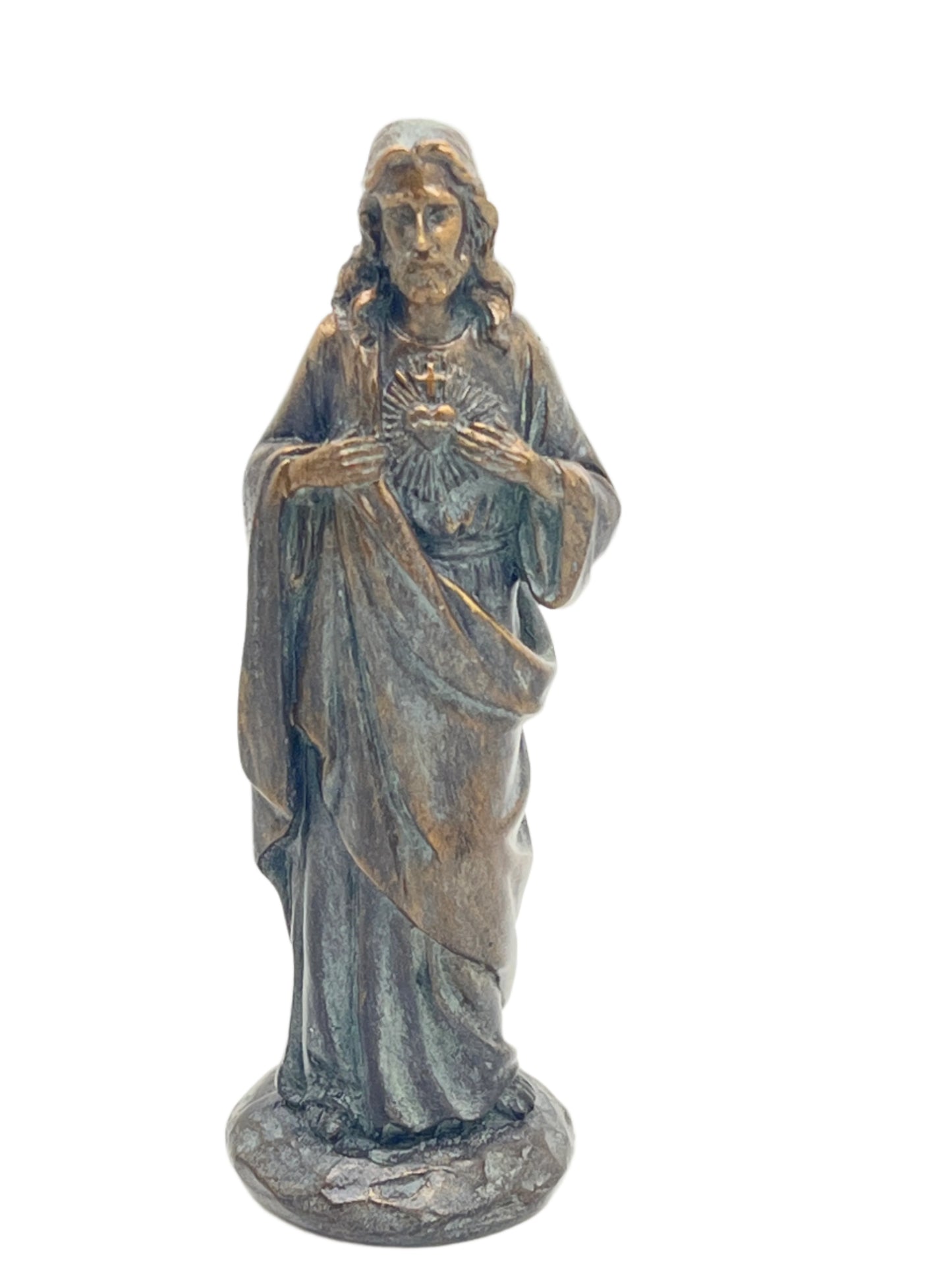 4-inch Sacred Heart of Jesus statue with bronze patina finish, showing heart and flowing robes on round base
