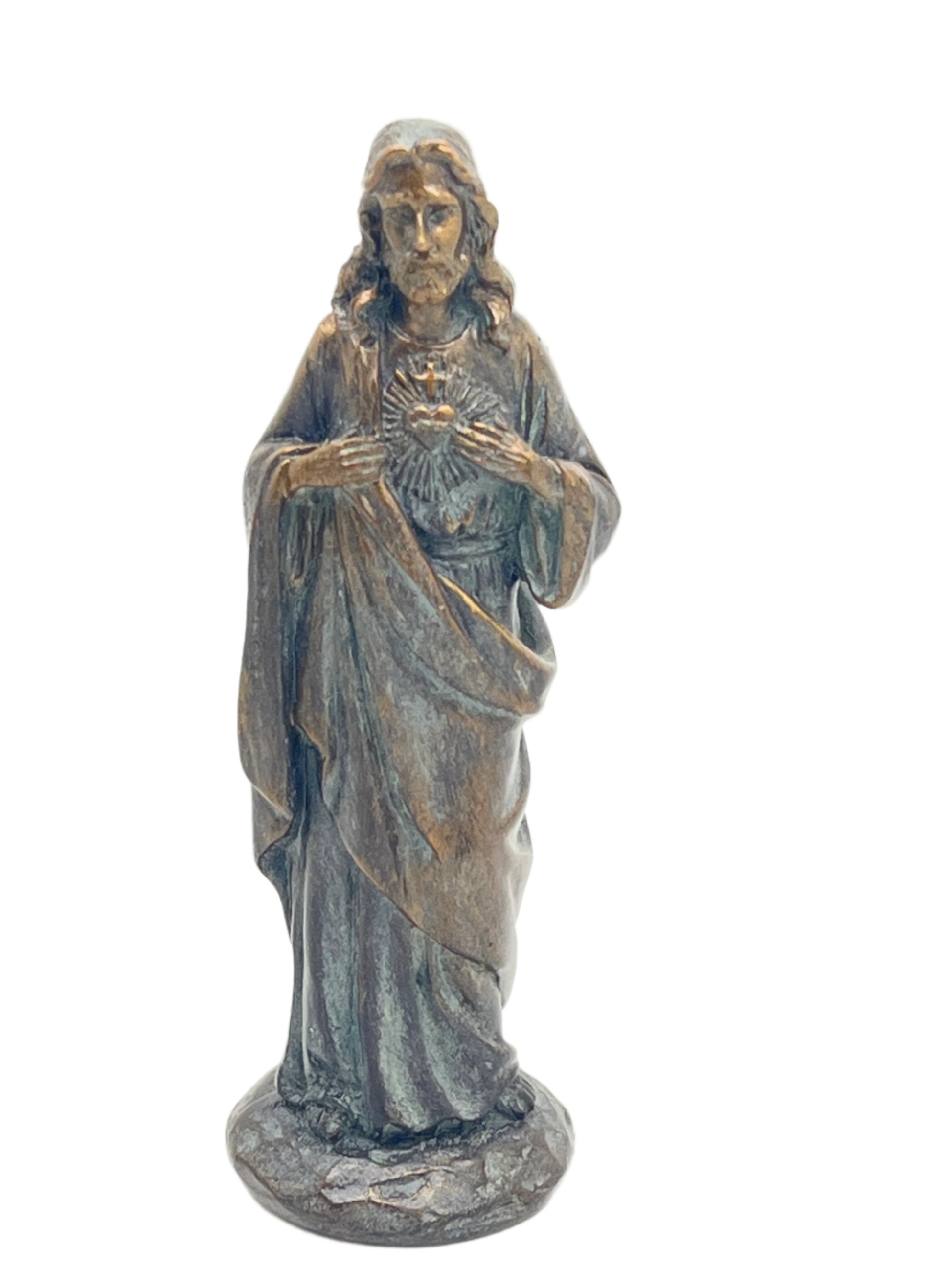 4-inch Sacred Heart of Jesus statue with bronze patina finish, showing heart and flowing robes on round base