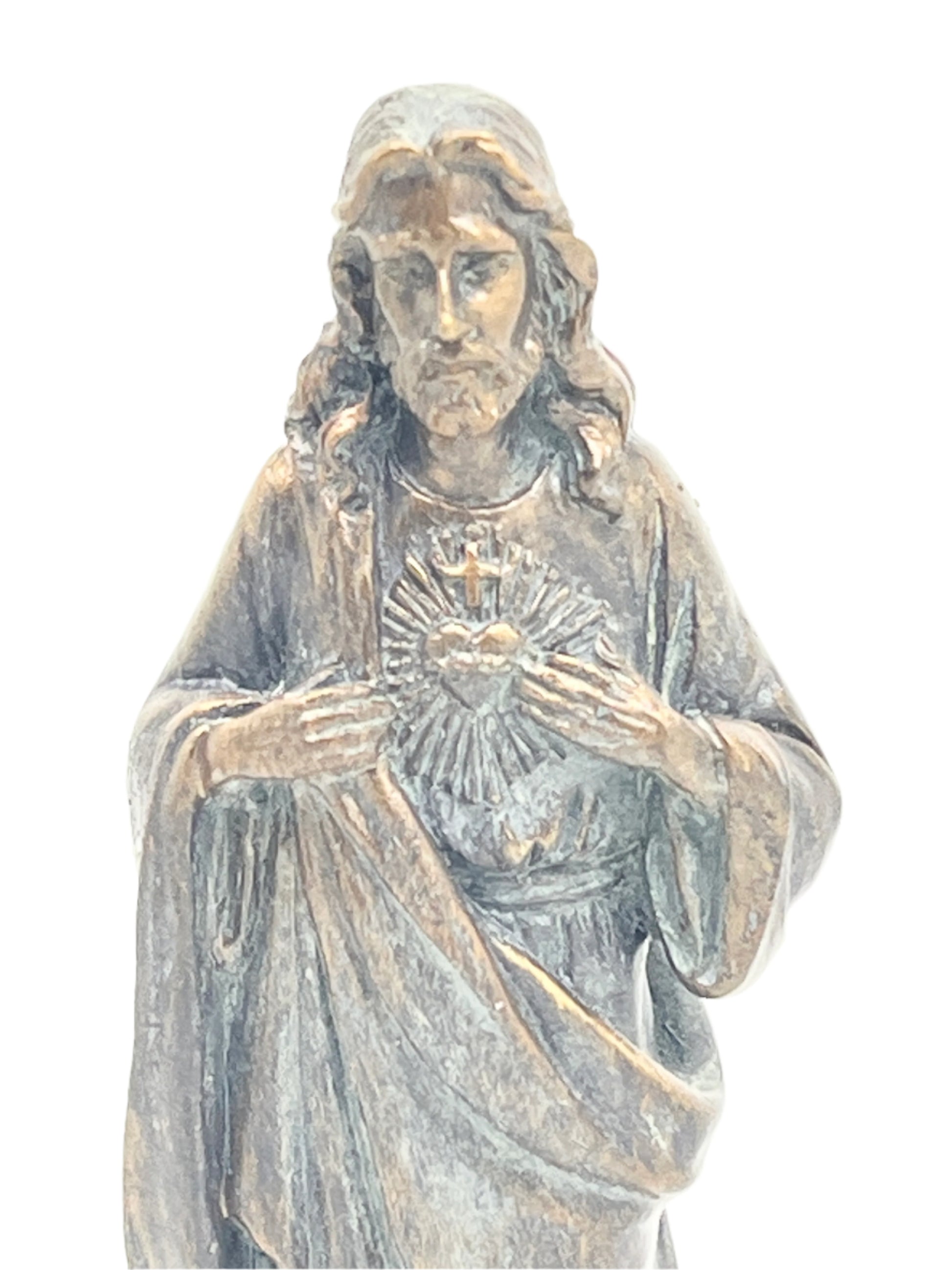 Sacred Heart of Jesus bronze patina statue 4 inch tall detailed religious figurine with heart and cross design