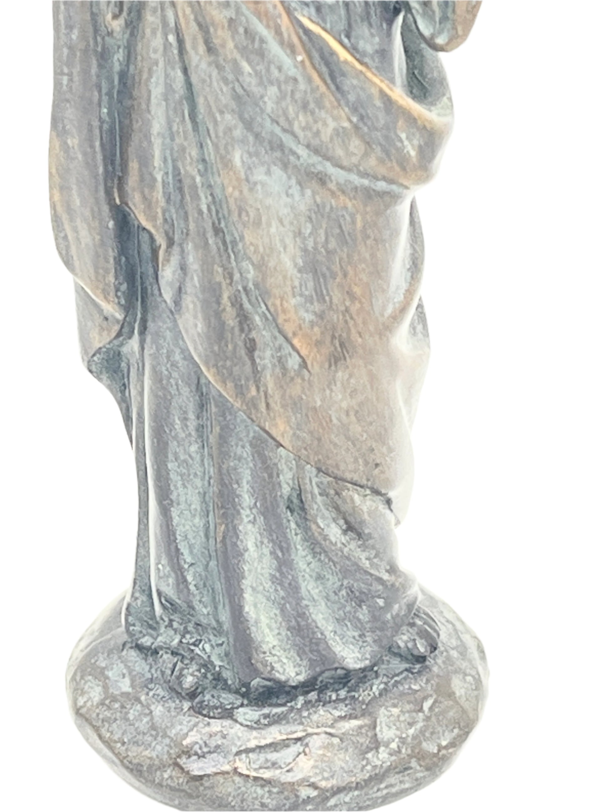 4-inch Sacred Heart statue with bronze patina finish, detailed draped robe and textured base design