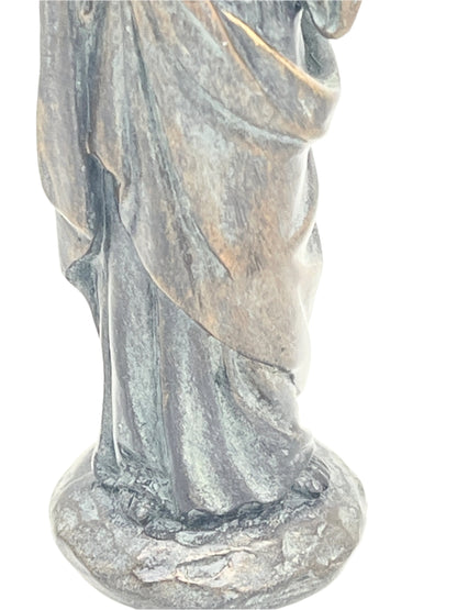 4-inch Sacred Heart statue with bronze patina finish, detailed draped robe and textured base design