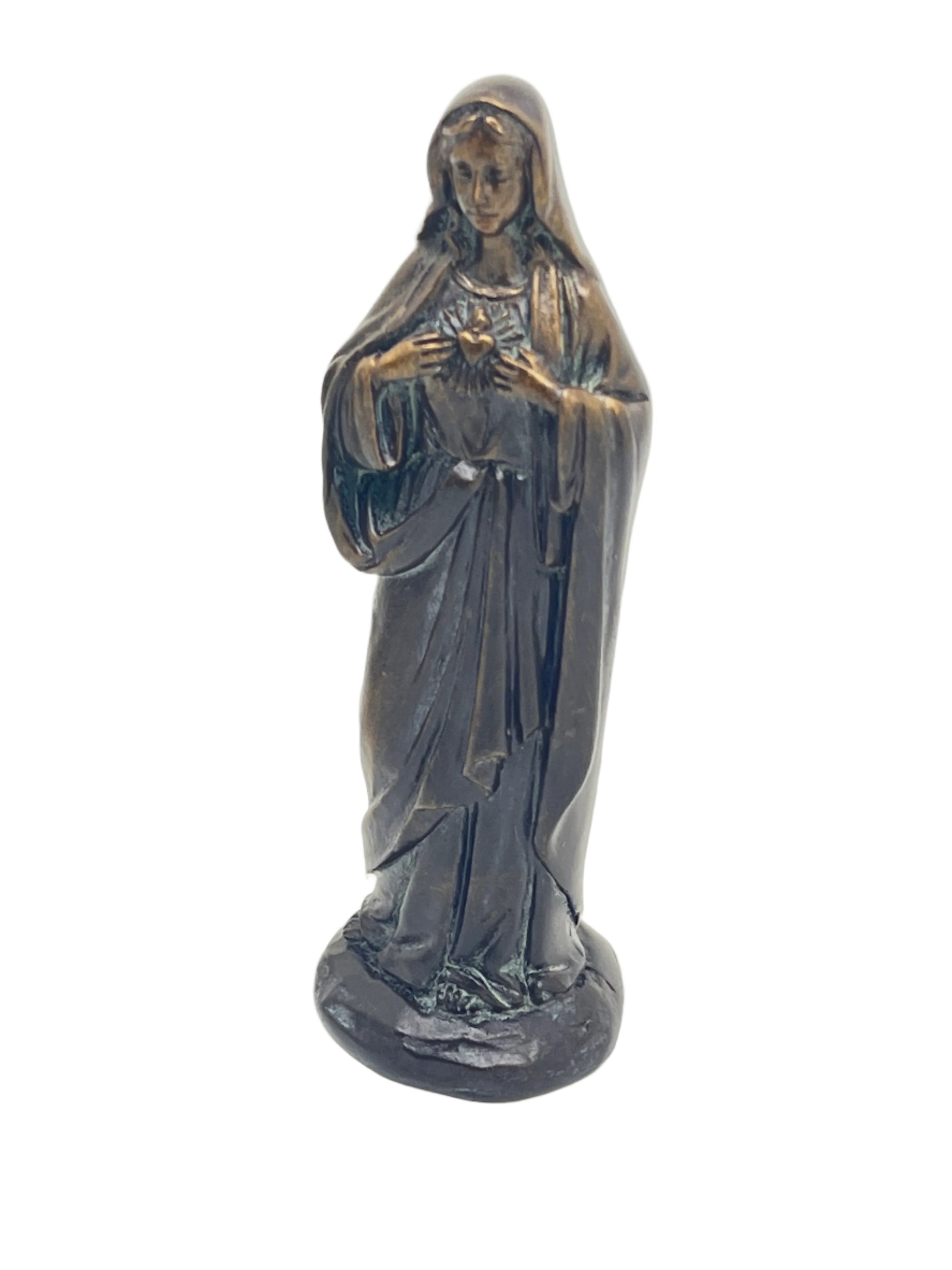 Immaculate Heart of Mary bronze patina statue 4-inch tall with detailed compassionate expression and flowing robes