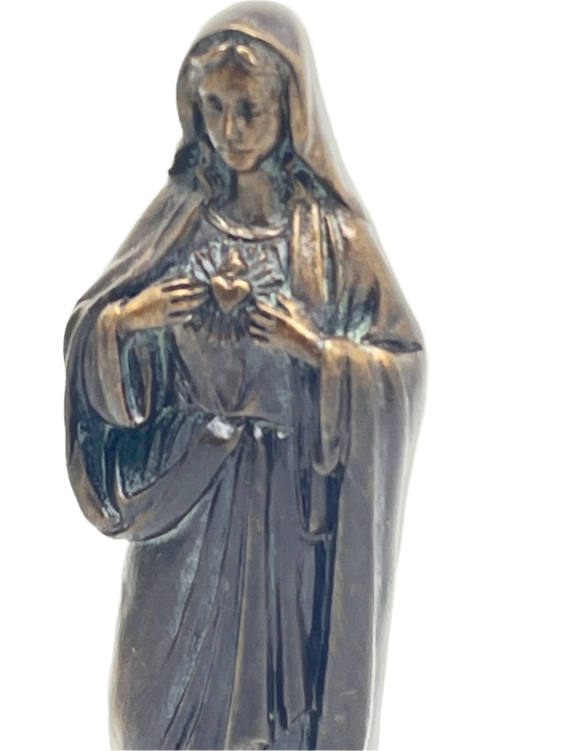 Immaculate Heart of Mary bronze patina statue 4-inch tall featuring detailed heart and flowing robes design