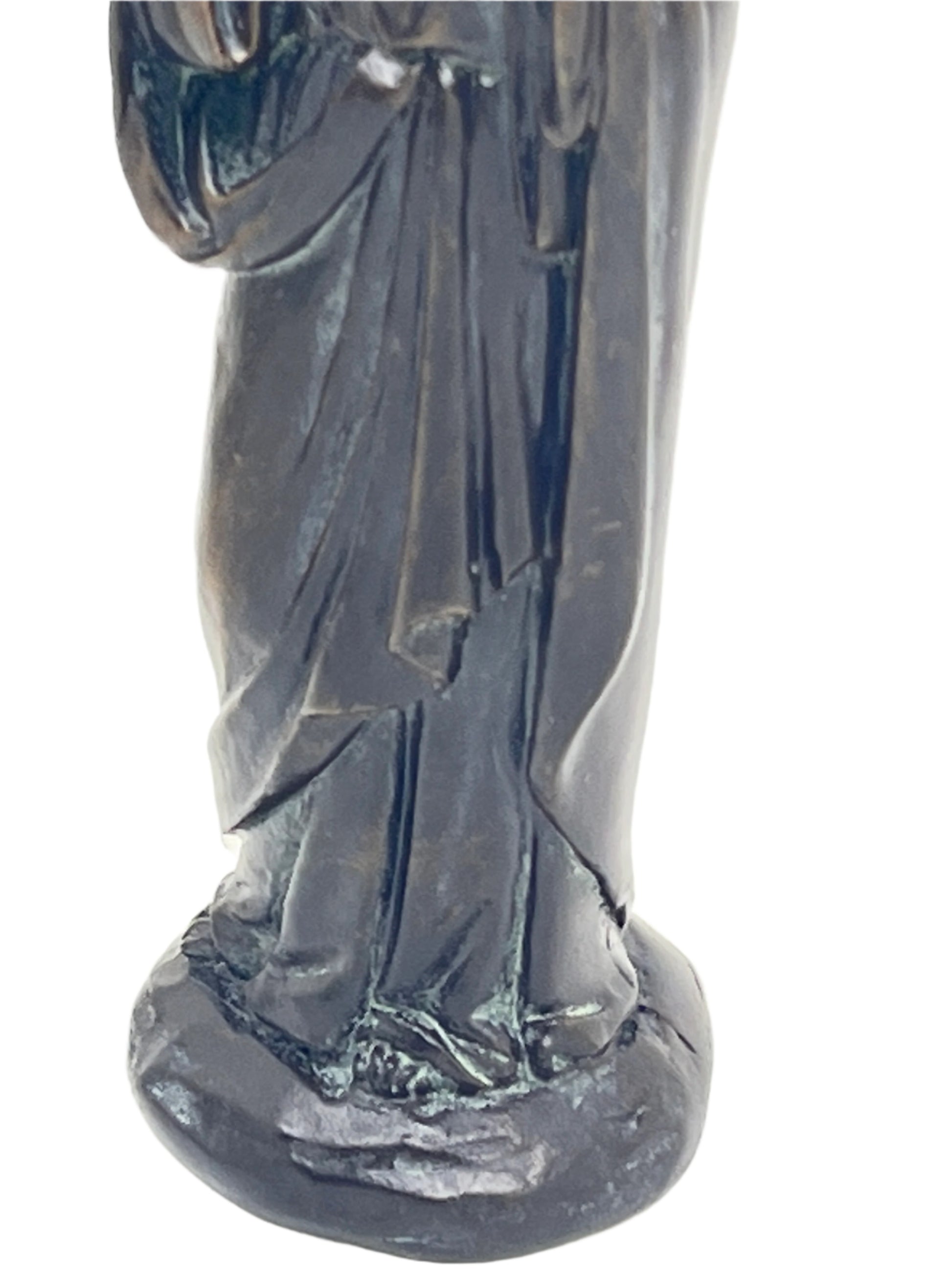 Immaculate Heart bronze patina statue 4-inch tall with detailed robe folds and textured base showing feet