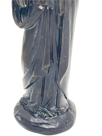 Immaculate Heart bronze patina statue 4-inch tall with detailed robe folds and textured base showing feet