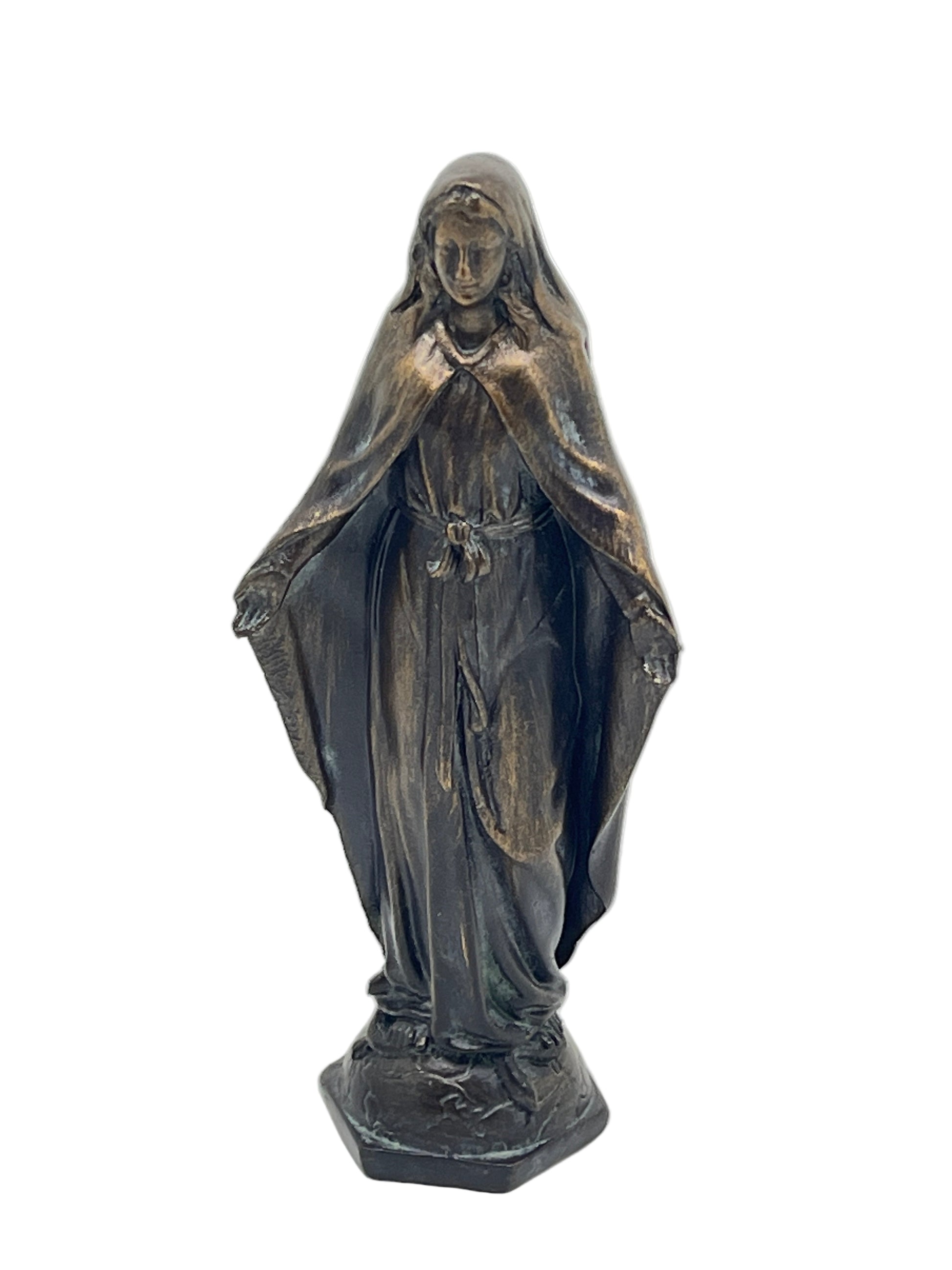Our Lady of Grace 4" high bronze patina statue depicting the Blessed Virgin Mary with open arms and flowing robes
