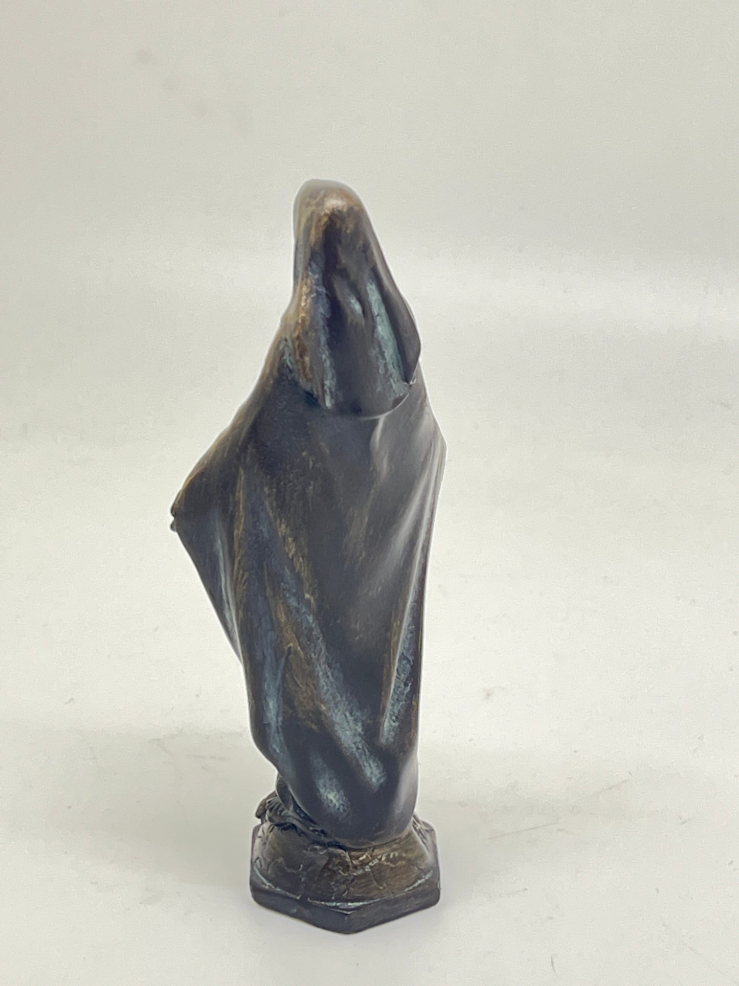 Our Lady of Grace statue 4-inch bronze patina finish with smooth flowing robe and serene, minimalist design
