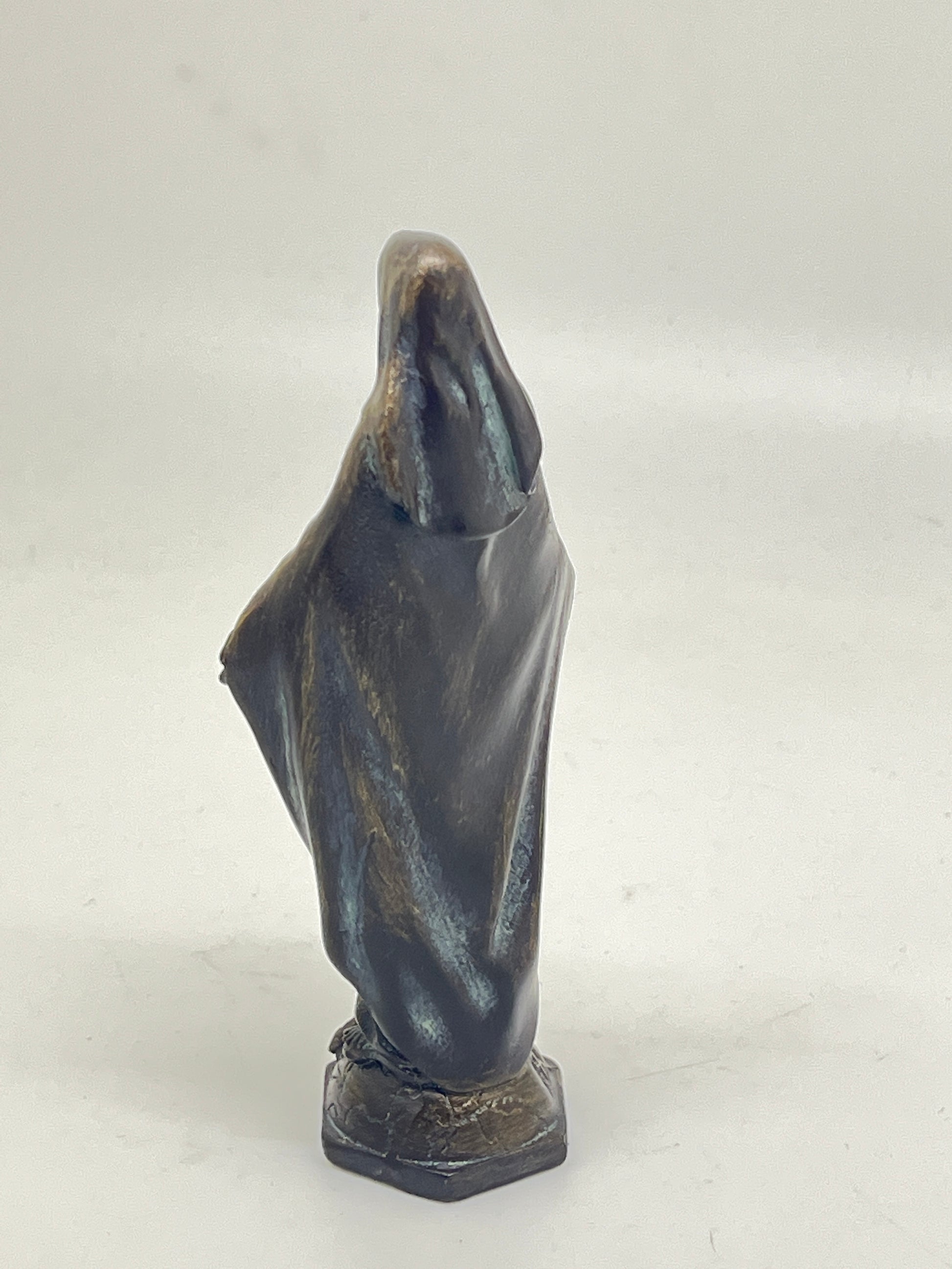 Our Lady of Grace statue 4-inch bronze patina finish with smooth flowing robe and serene, minimalist design