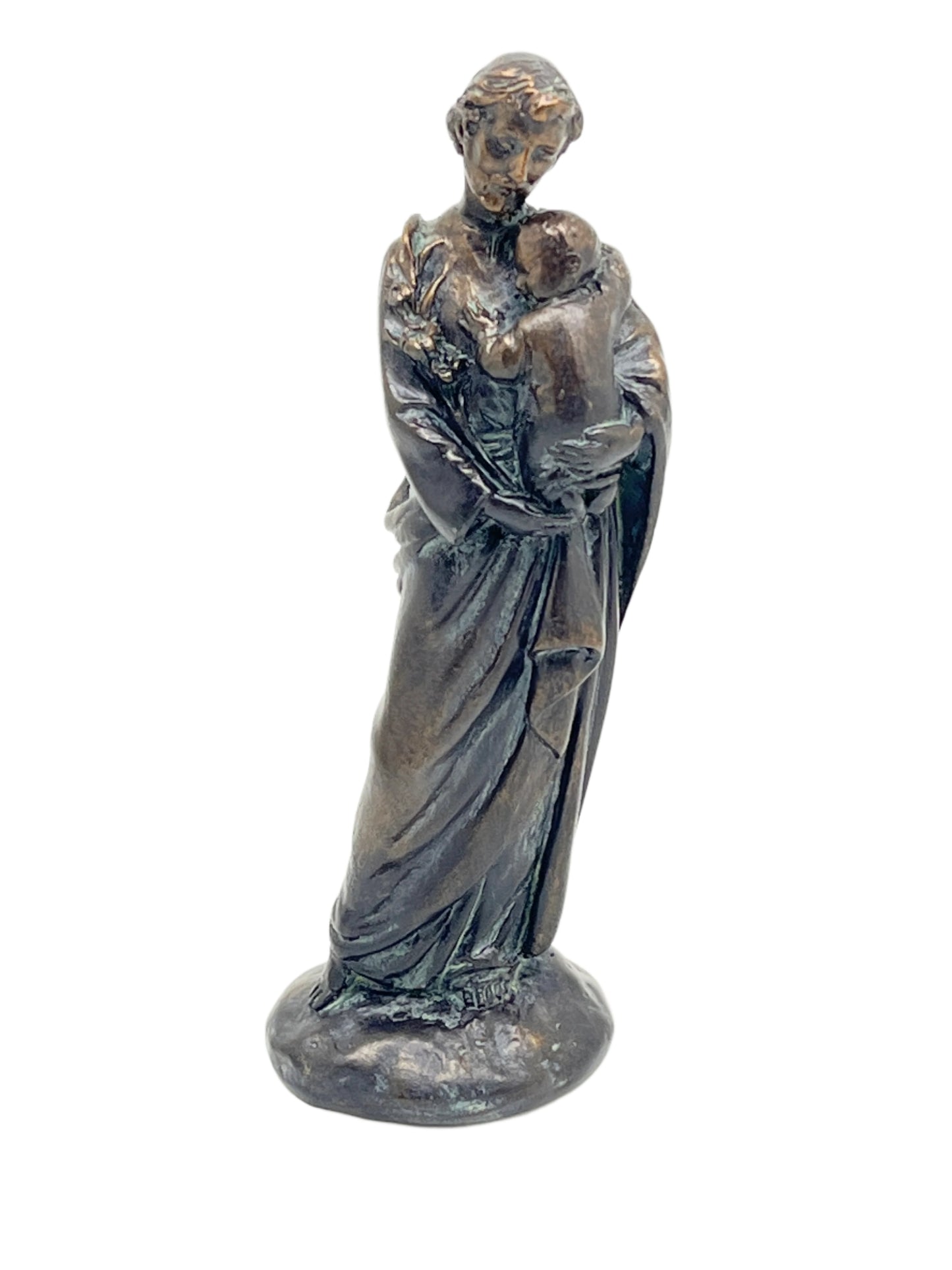 St. Joseph bronze patina statue 4" tall depicting St. Joseph holding the Child Jesus with detailed craftsmanship