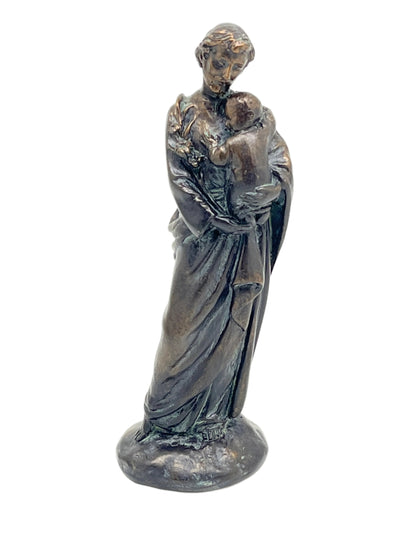 St. Joseph bronze patina statue 4" tall depicting St. Joseph holding the Child Jesus with detailed craftsmanship