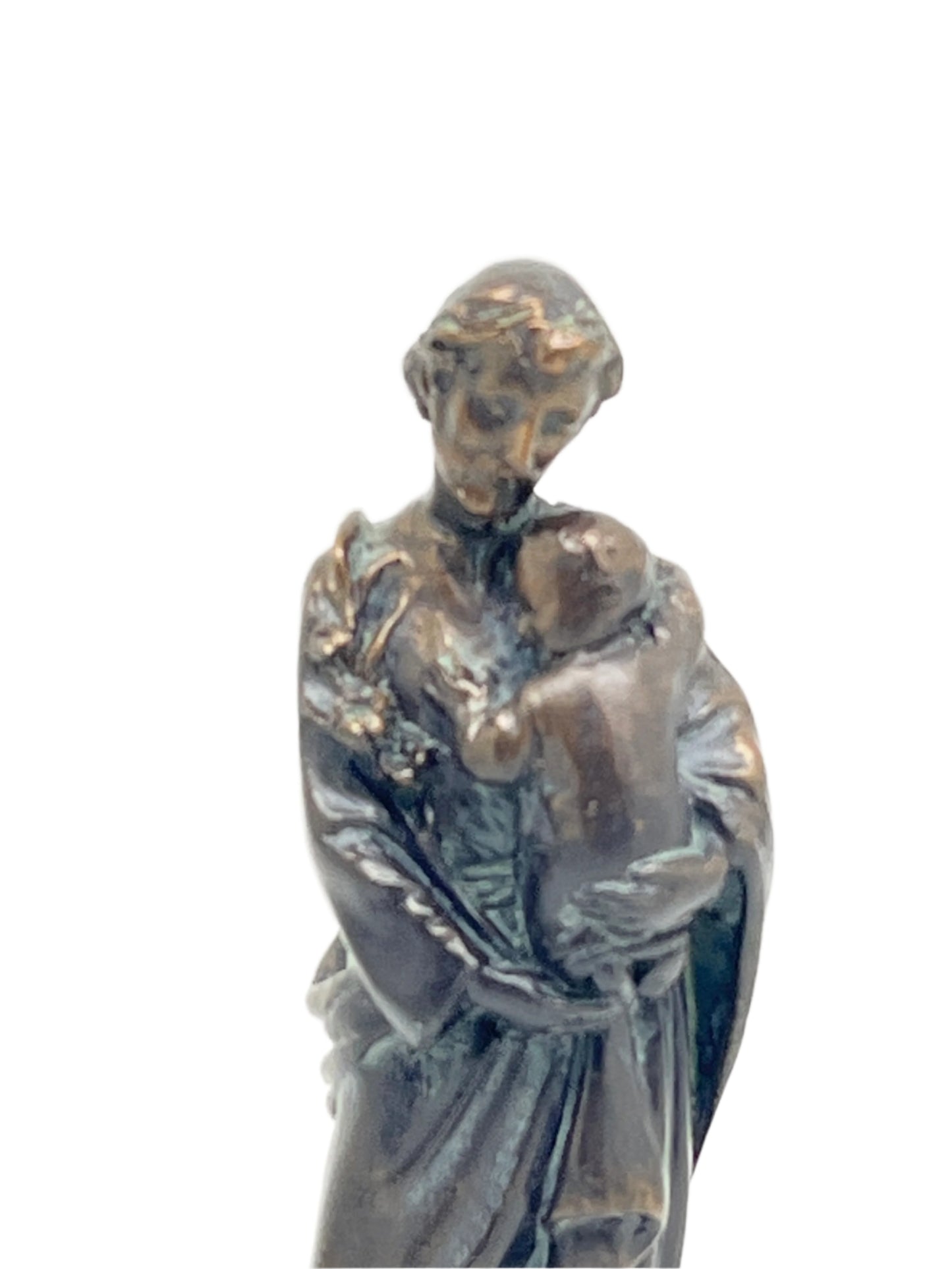 St. Joseph bronze patina statue 4" H holding child Jesus with detailed robes and serene expression on white background