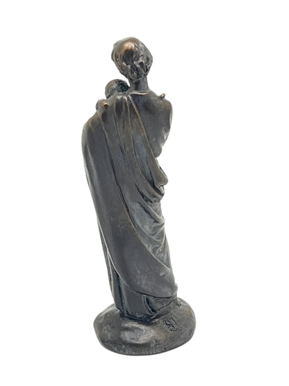 St. Joseph Bronze Patina Statue 4" H showing St. Joseph holding the Child Jesus in detailed bronze finish