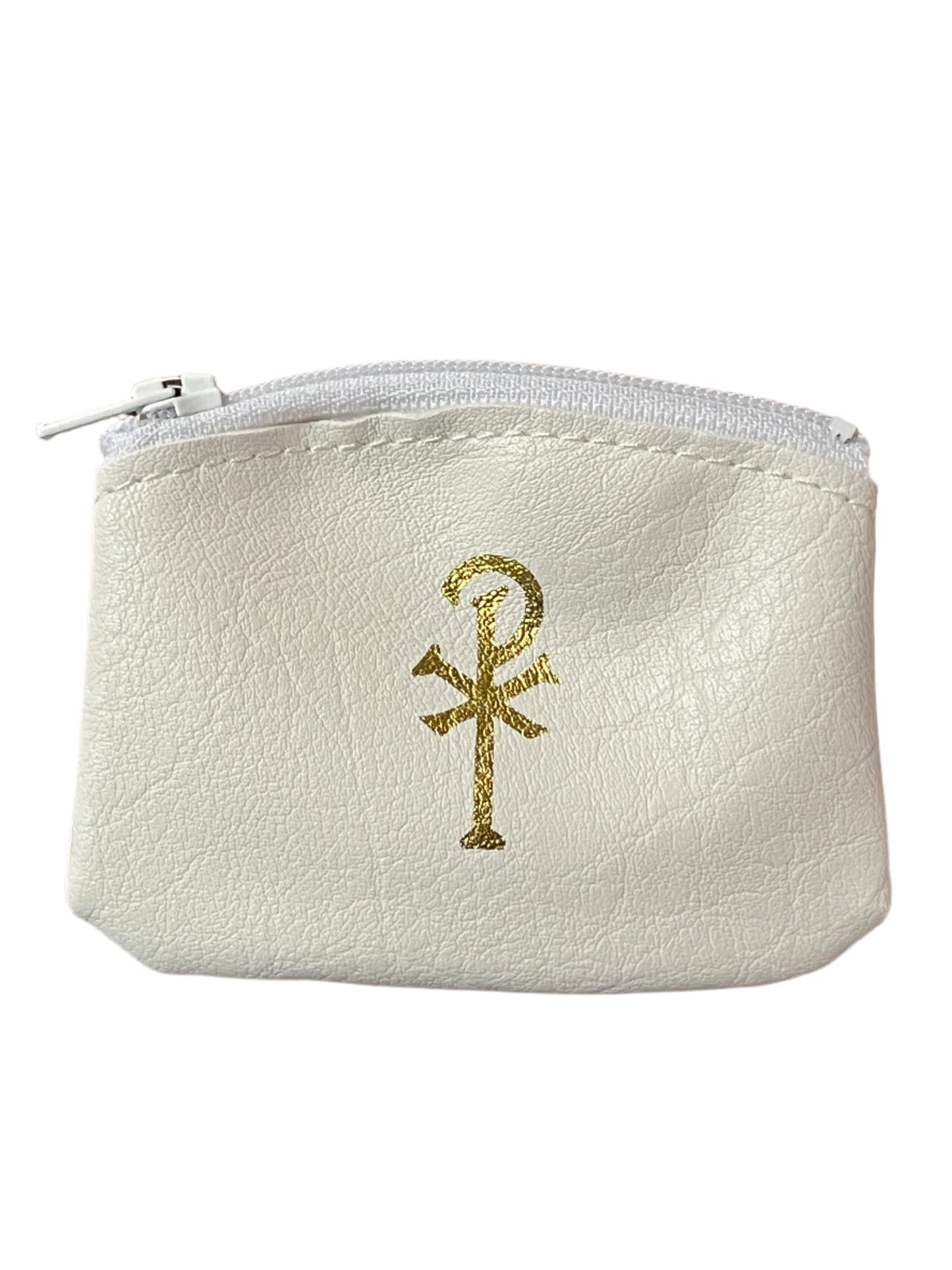 Soft white vinyl leatherette zippered rosary pouch with gold Chi Rho symbol and smooth textured finish, 4 inches sized