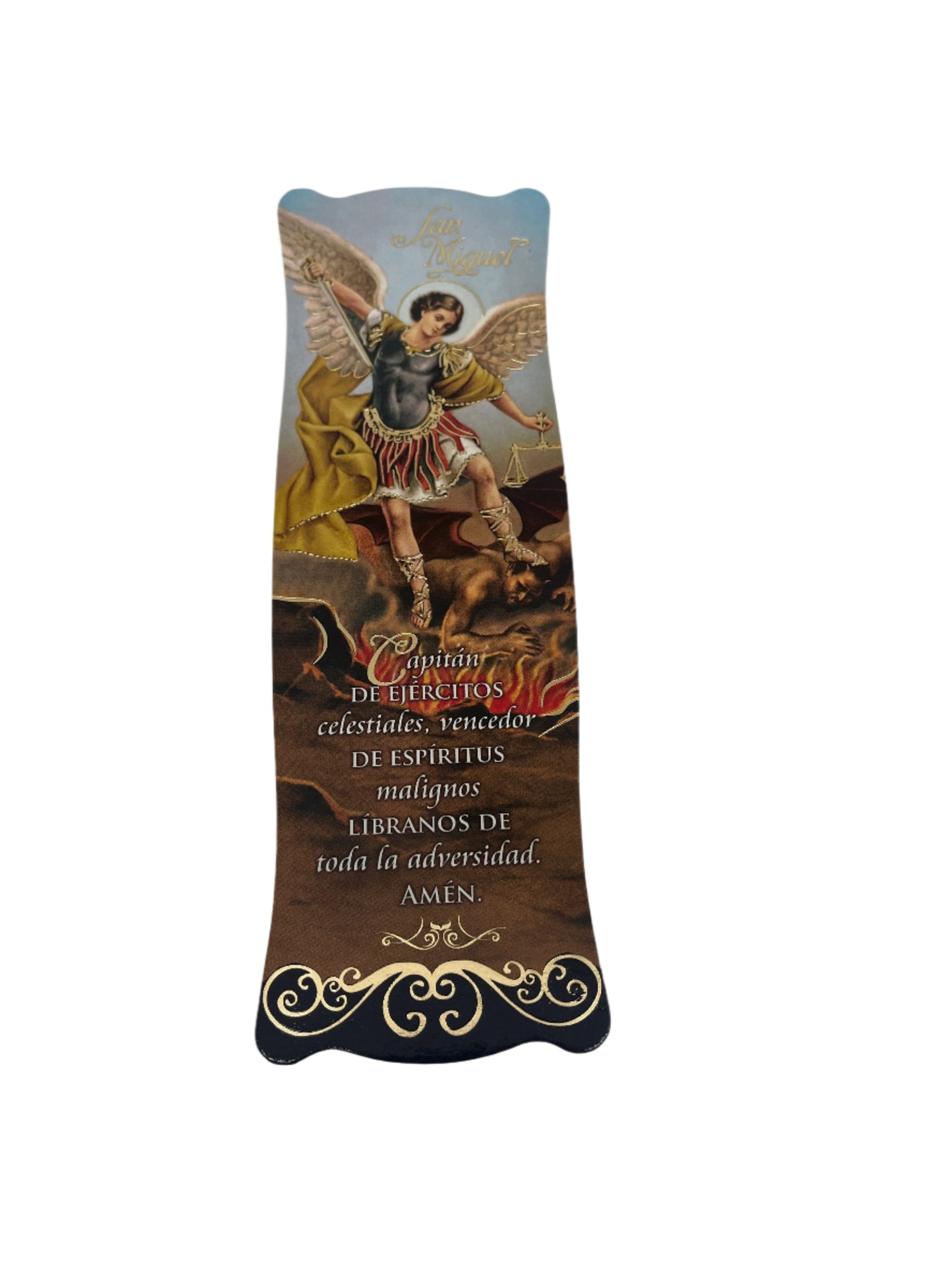 Bookmark featuring Saint Michael the Archangel with prayer text and decorative gold accents on dark background