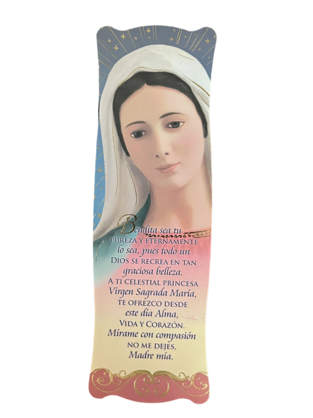 Bookmark with image of the Virgin Mary and Spanish prayer text offering devotion and compassion to the Reina de la Paz