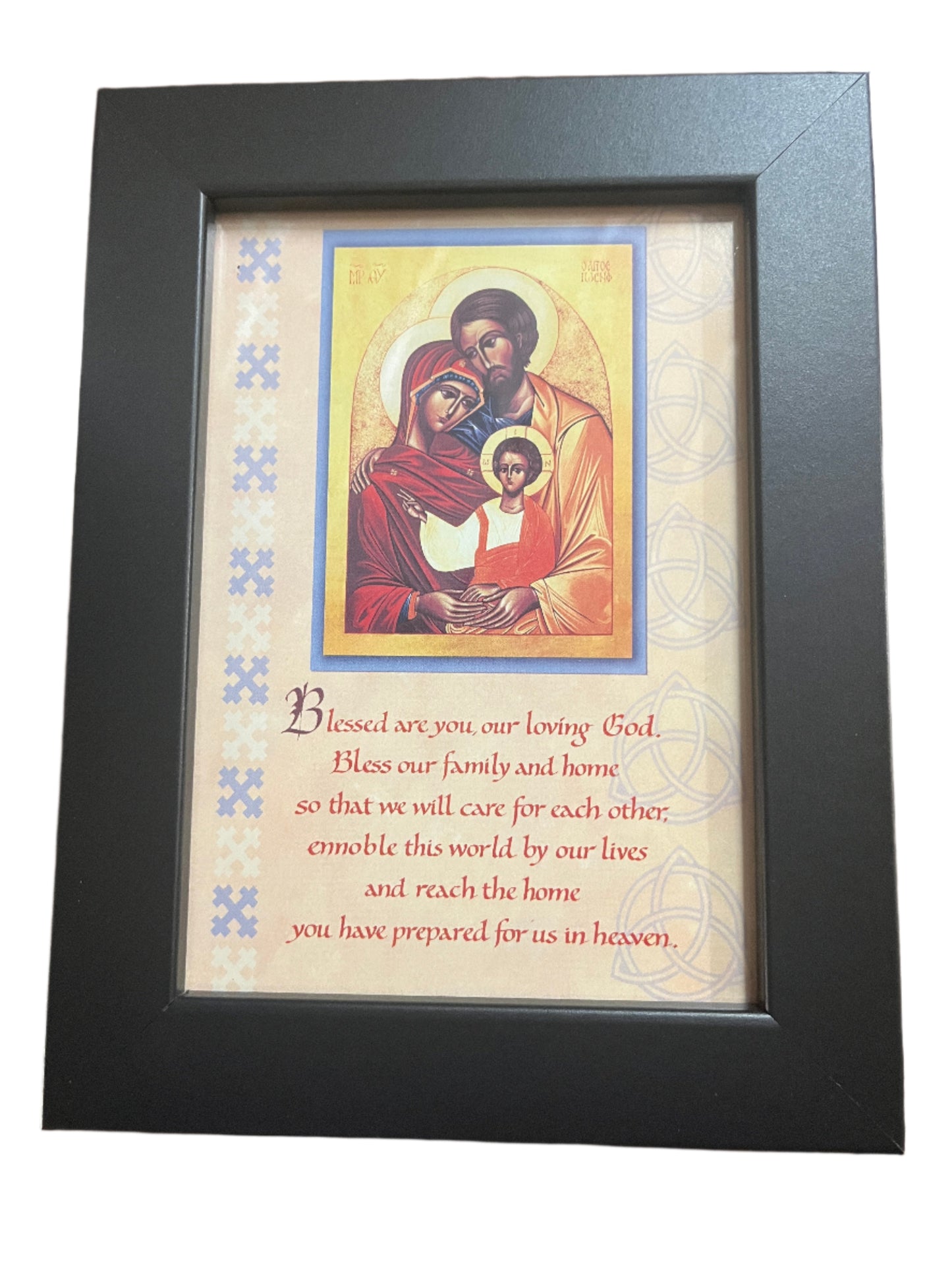 Framed Home Blessing print featuring a religious family icon and prayer text with decorative border in black frame