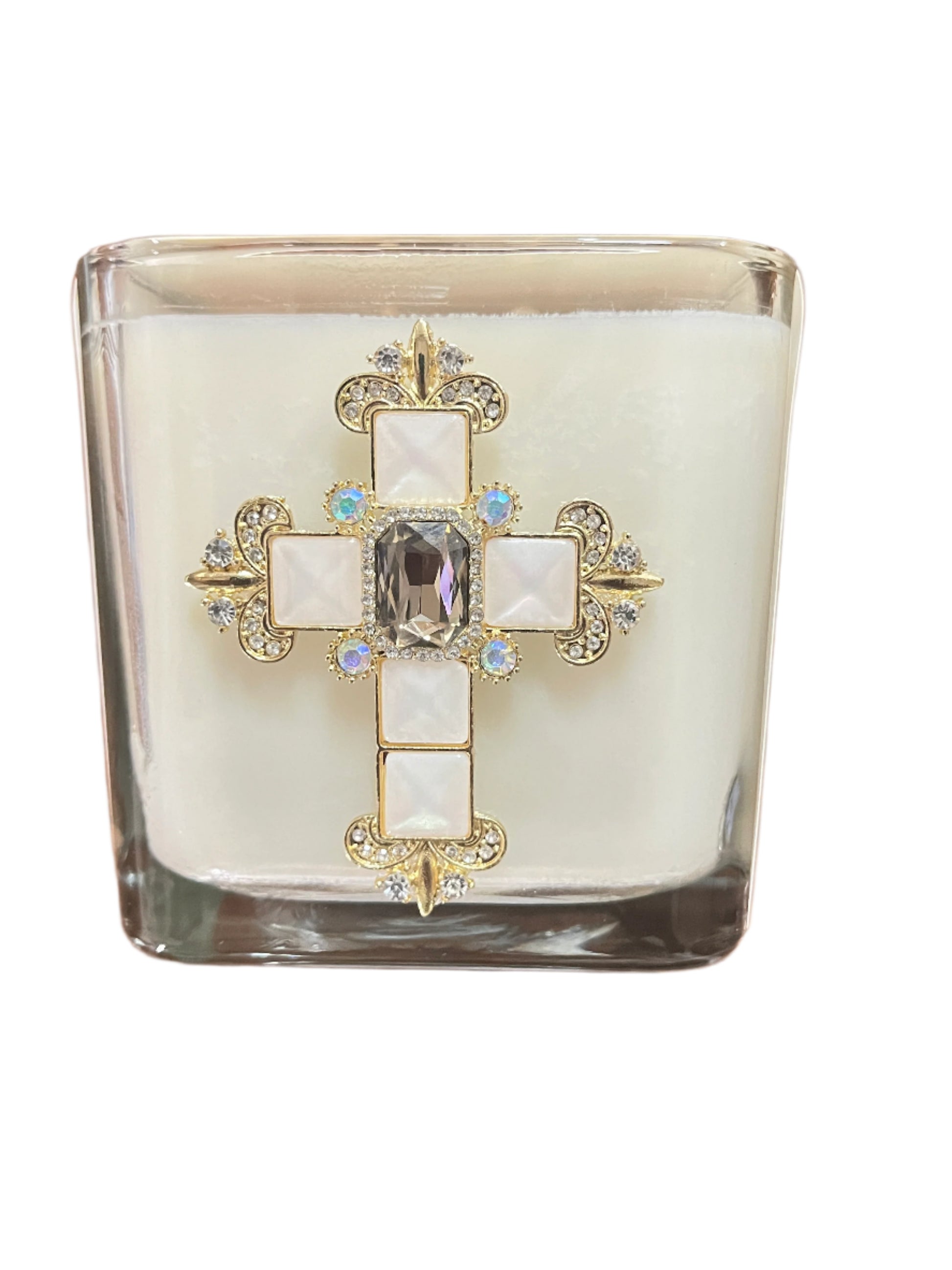 3 1/2" glass candle with iridescent jeweled cross featuring mother of pearl and crystal accents in gold setting