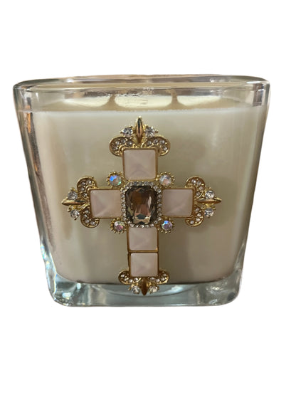 3 1/2" Spikenard candle in clear glass with iridescent jeweled cross featuring Mother of Pearl and crystals