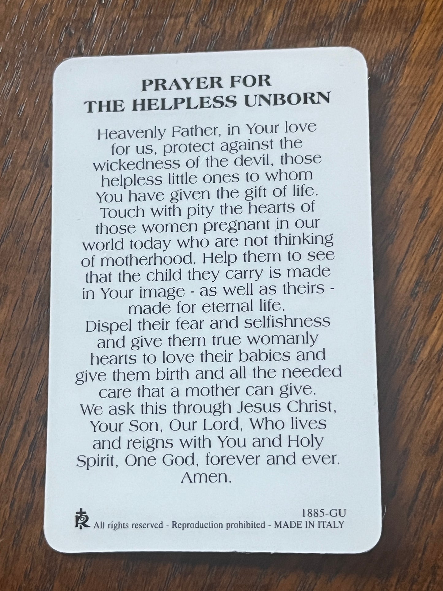 Saint Benedict prayer card with prayer for the helpless unborn, made in Italy, clear printed text on white background