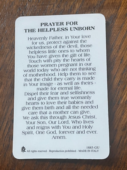 Saint Benedict prayer card with prayer for the helpless unborn, made in Italy, clear printed text on white background