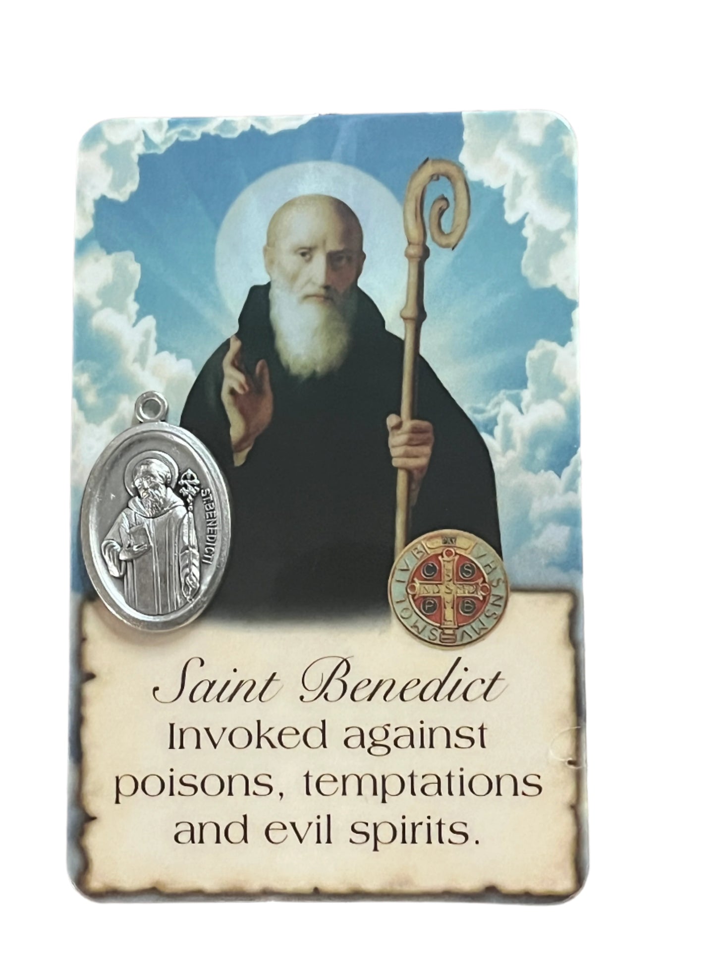 Saint Benedict prayer card with detailed saint image and attached Saint Benedict medal and cross charm