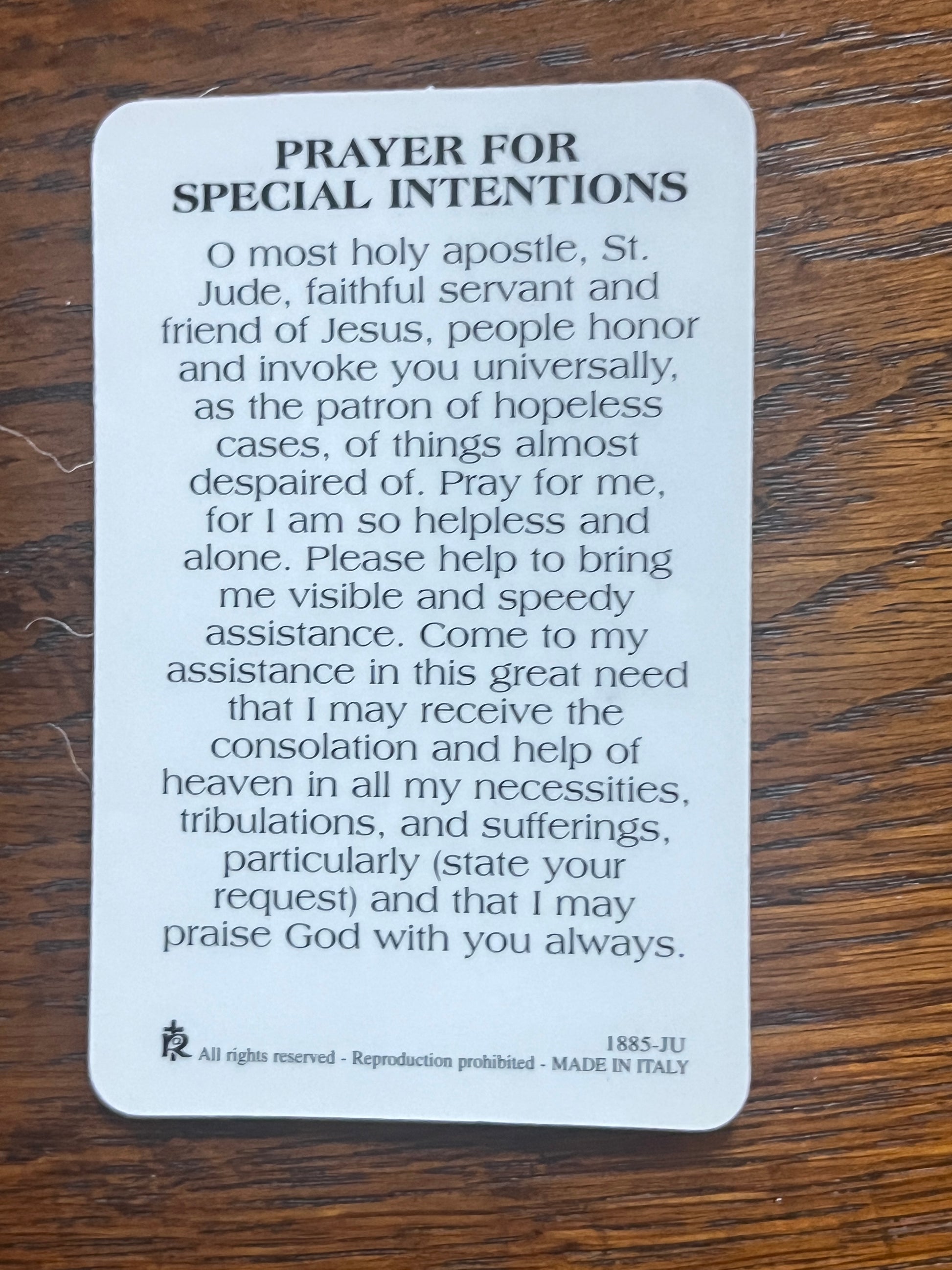 Prayer card with St. Jude prayer for special intentions, featuring devotional text and religious appeal on white background