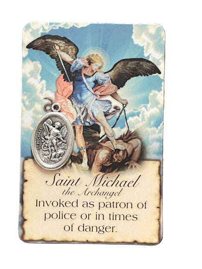 Saint Michael Prayer Card with silver-tone medal showing archangel defeating evil, with devotional text on back