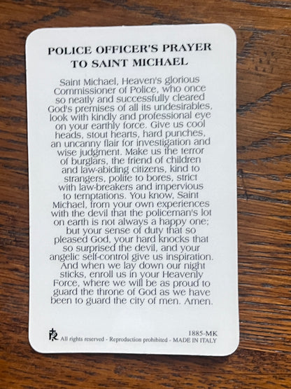 St. Michael Prayer Card with Police Officer’s Prayer text, made in Italy, designed for spiritual protection and devotion
