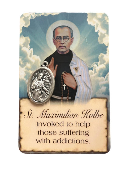 St. Maximilian Kolbe prayer card with silver-tone medal, saint image, halo, and devotional prayer text on parchment background
