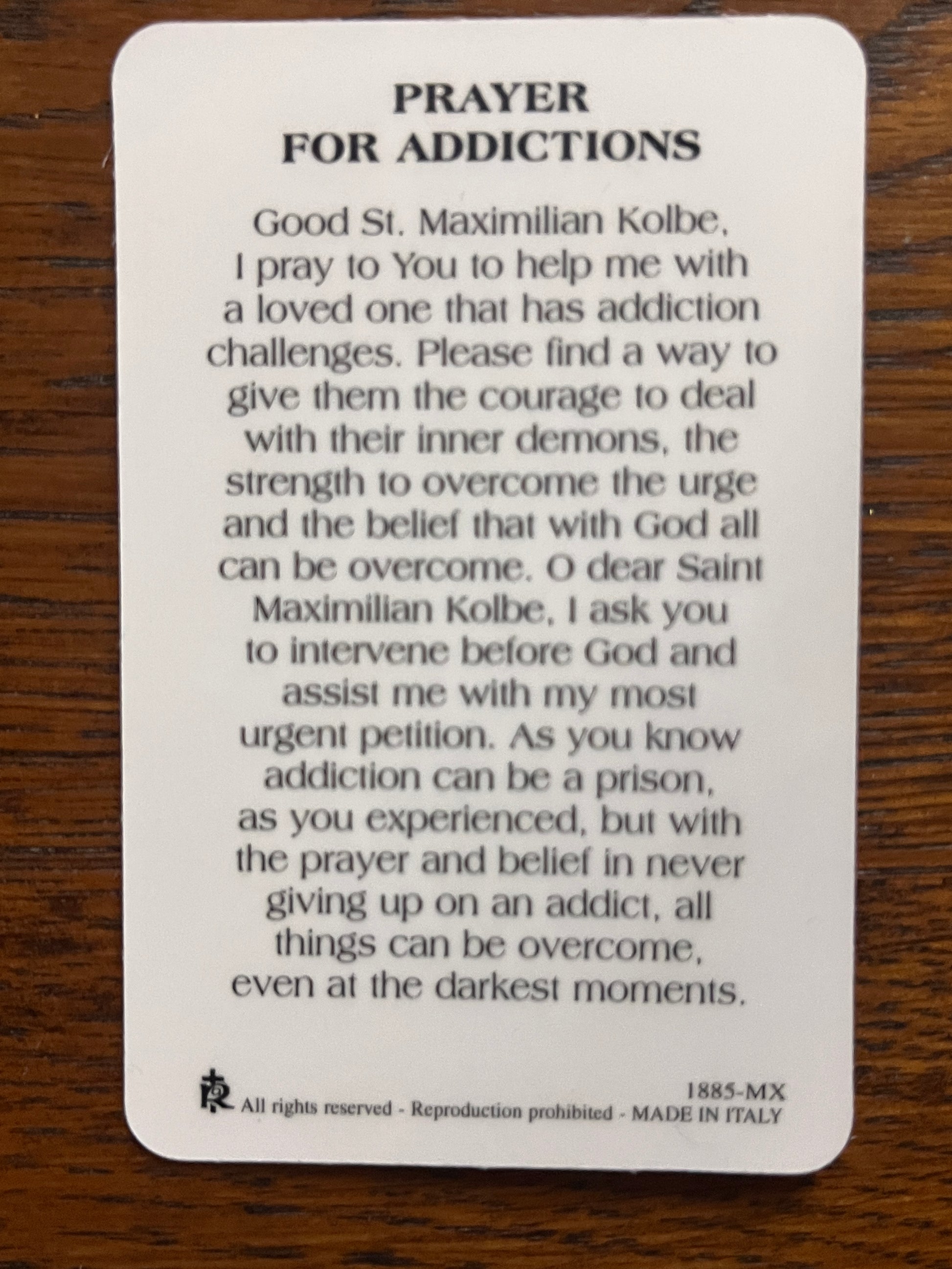 Prayer card for addictions with St. Maximilian Kolbe prayer asking for courage and strength to overcome urges and darkness