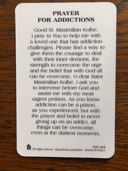 Prayer card for addictions with St. Maximilian Kolbe prayer asking for courage and strength to overcome urges and darkness