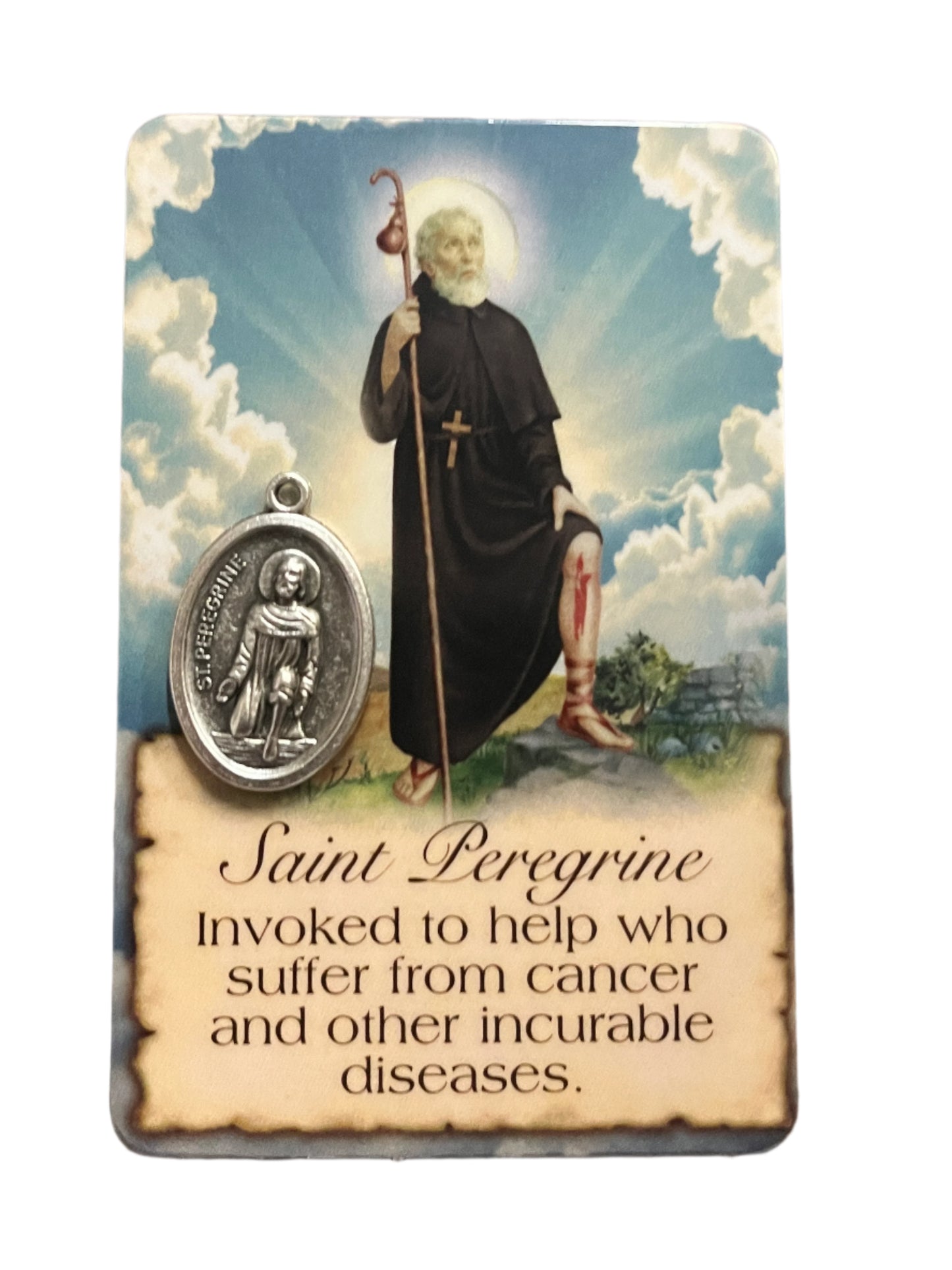 Saint Peregrine prayer card with detailed medal showing saint holding staff and healing leg wound illustration