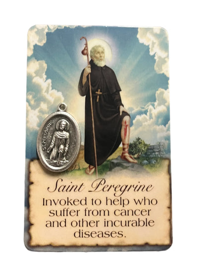 Saint Peregrine prayer card with detailed medal showing saint holding staff and healing leg wound illustration