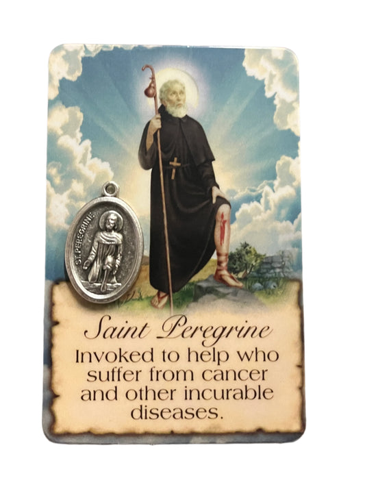 Saint Peregrine prayer card with detailed medal showing saint holding staff and healing leg wound illustration