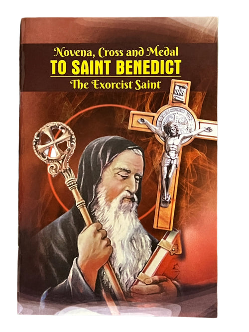 Novena, Cross, and Medal to Saint Benedict book cover with illustration of saint holding staff and crucifix background