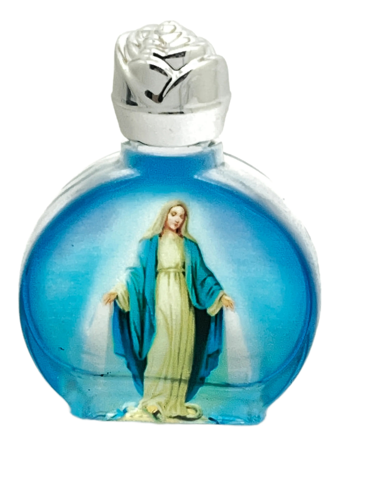 Our Lady of Grace glass holy water bottle with blue background and silver rose cap, holding nearly 1 oz of water