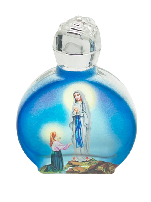 Our Lady of Lourdes glass holy water bottle with painted image, silver cap, and compact 1 oz capacity for sacred use