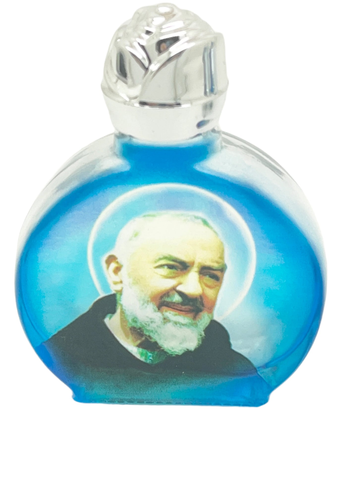 St. Padre Pio glass holy water bottle with silver cap and detailed saint image on blue background