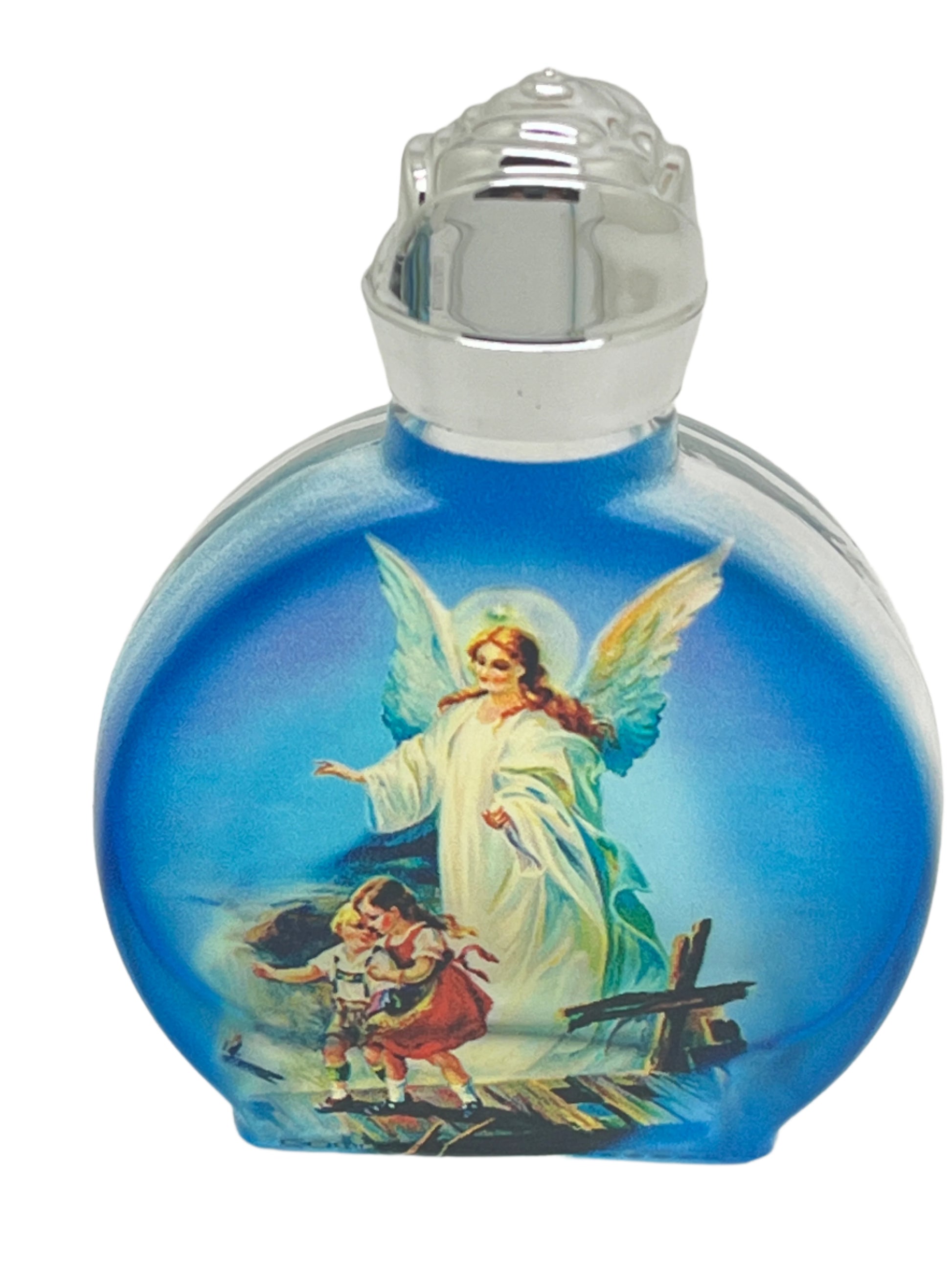 Guardian Angel Glass Holy Water Bottle with silver cap and detailed painted angel protecting children on blue background