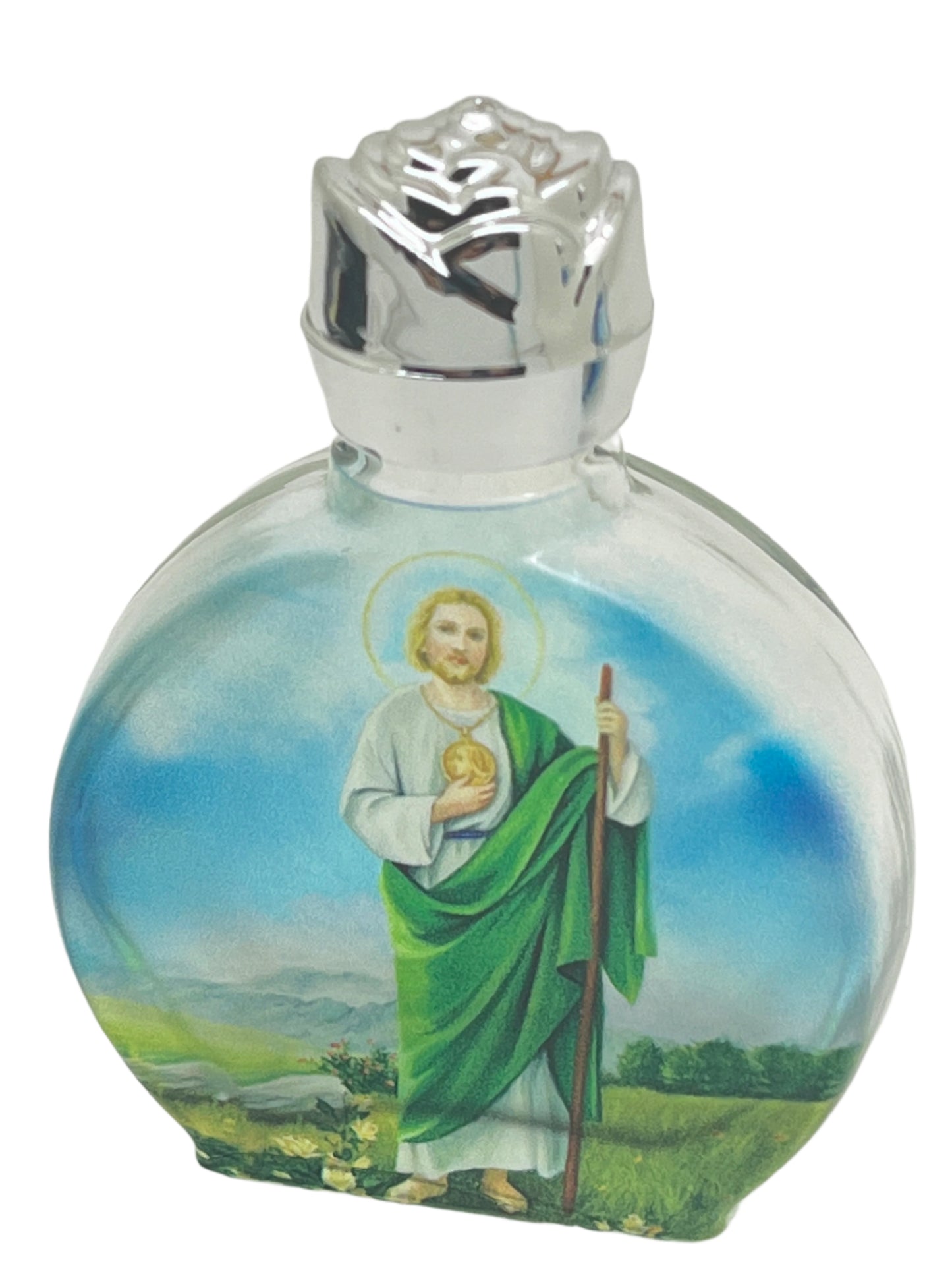 Saint Jude glass holy water bottle with silver cap, detailed saint image, green robe, and scenic background design