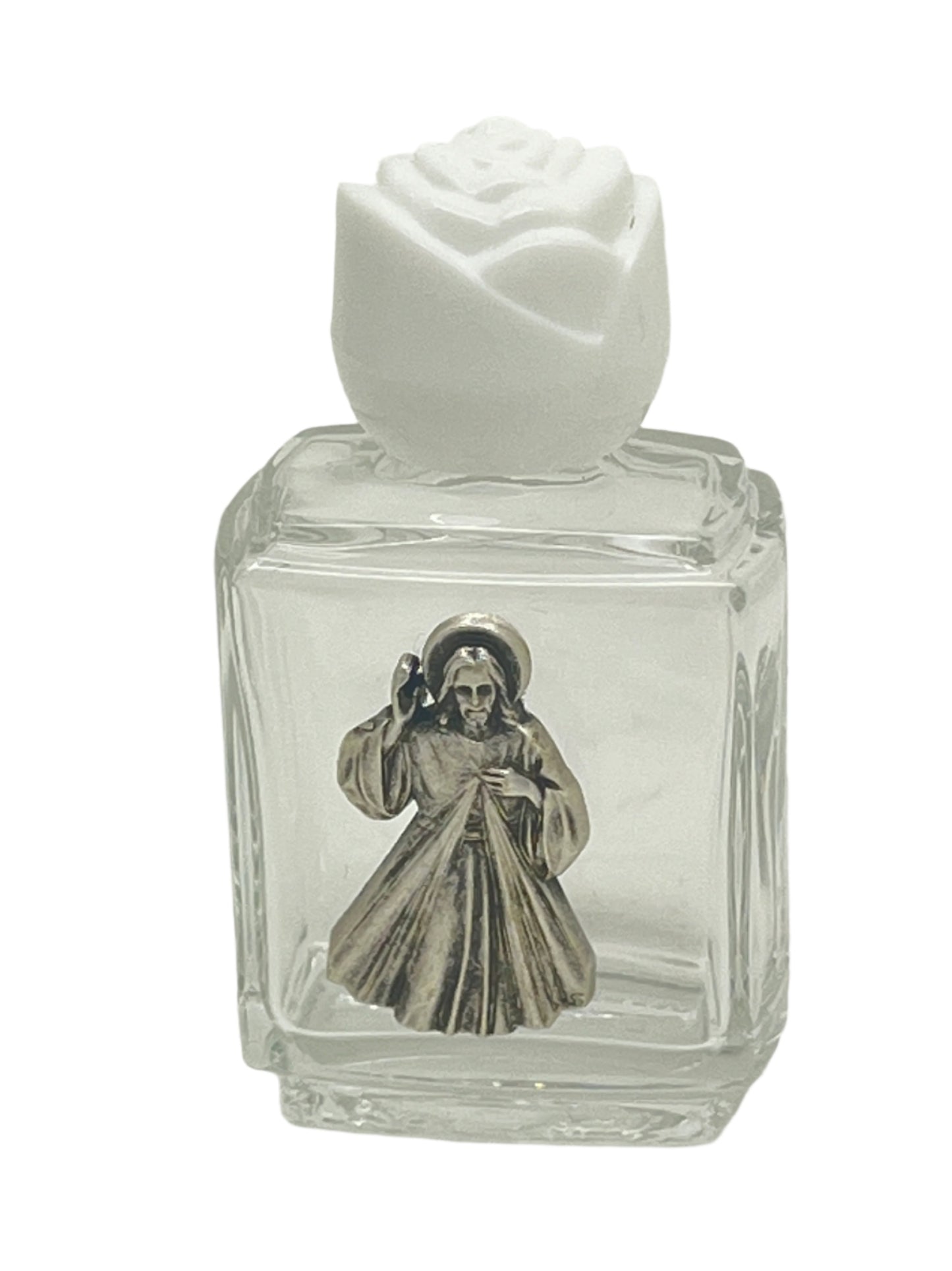 Small Divine Mercy glass holy water bottle with pewter image and white rose cap, holds approximately one ounce