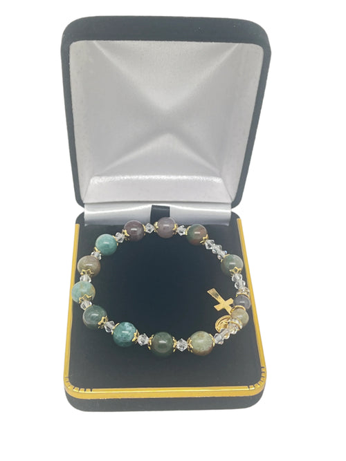 Multi-color genuine onyx rosary bracelet with gold plated cross and clear accent beads in black velvet gift box