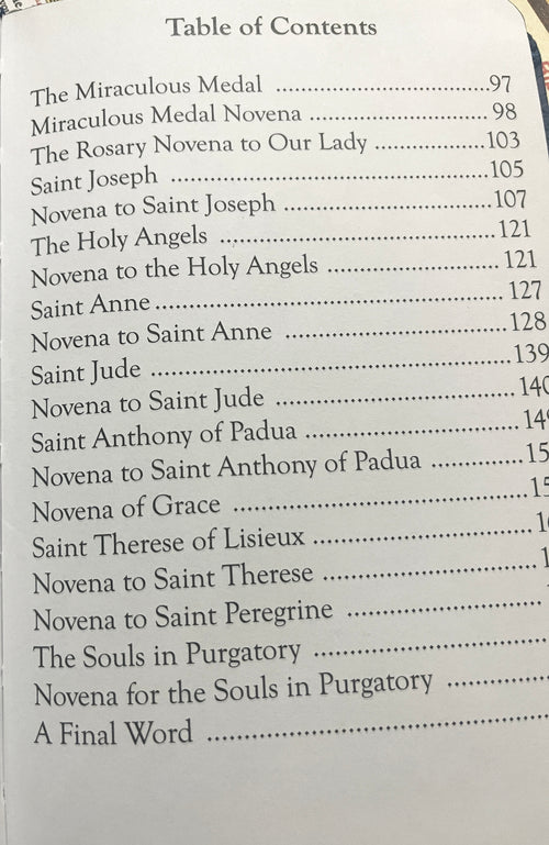 Table of contents page from Popular Catholic Novenas gift edition listing various saint novenas and prayers in black text