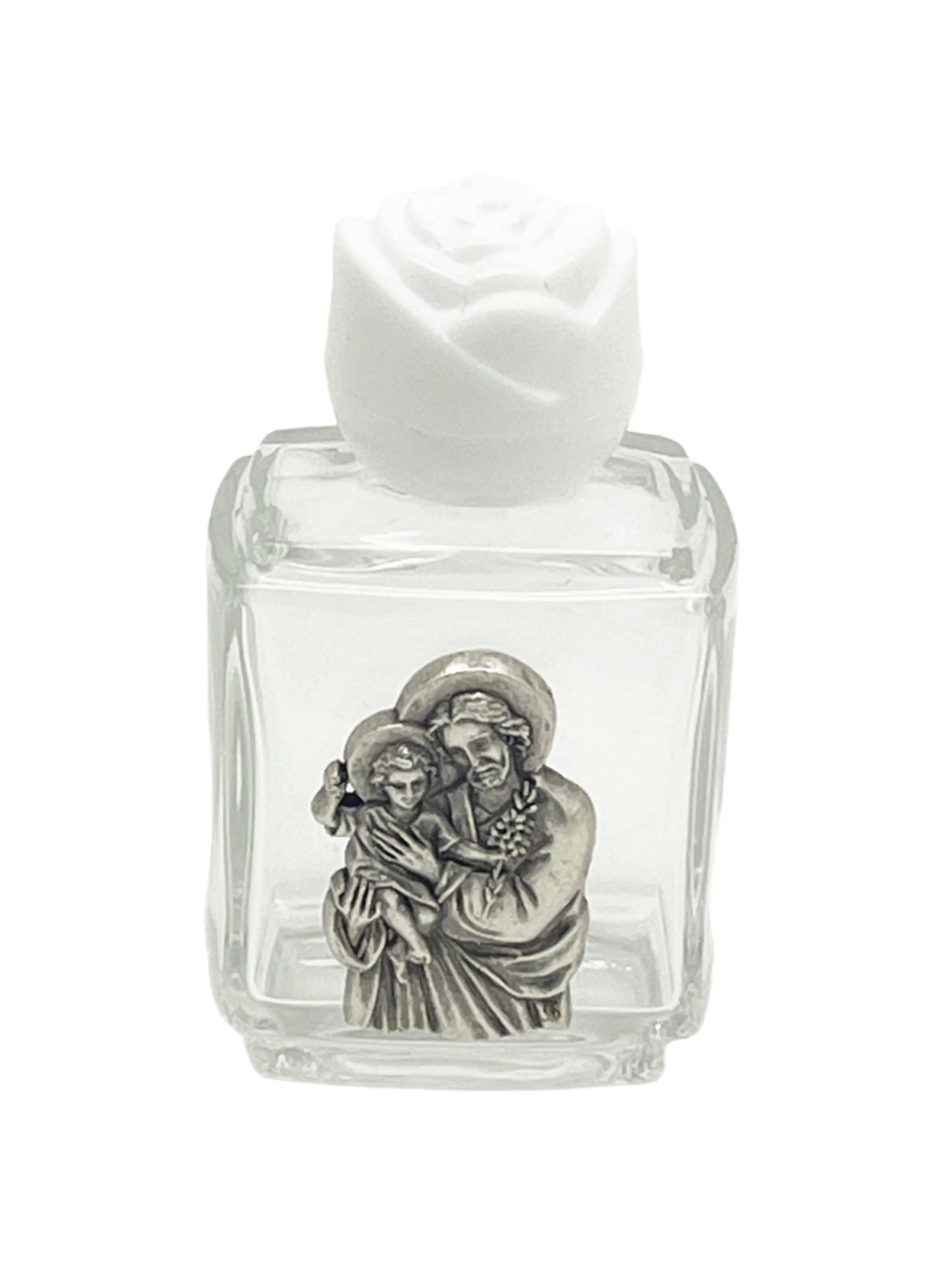 Small glass holy water bottle with pewter St. Joseph image and white rose cap, holding about one ounce of water