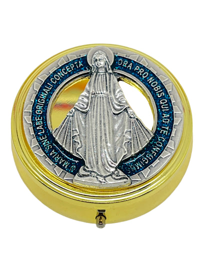 2 1/8" Gold pewter Our Lady of Grace Pyx with blue Miraculous Medal and detailed pewter figure on lid