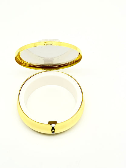 2 1/8" Gold pewter and blue Our Lady of Grace Pyx with plastic lining and hinged lid open display