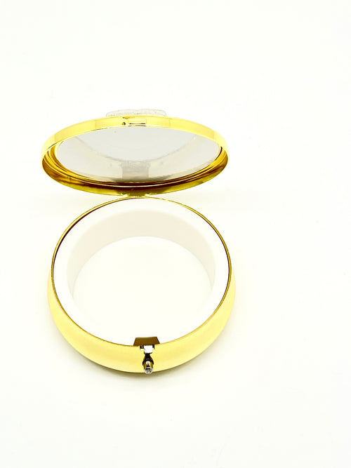 2 1/8" Gold pewter and blue Our Lady of Grace Pyx with plastic lining and hinged lid open display